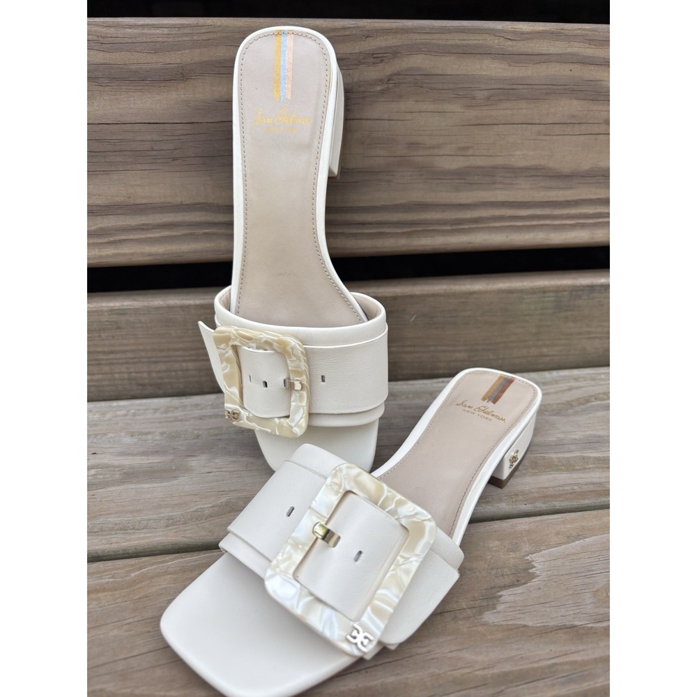 Sam Edelman Deacon Ivory Leather Slide Sandals Block Heel Buckle 6.5 Square Toe